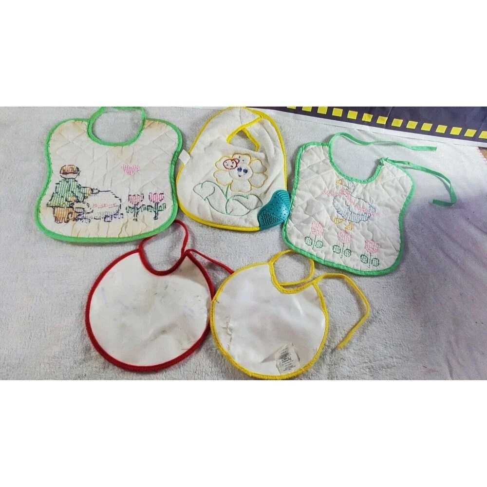 5 Vintage Pre Owned Iridescent Flower Duck Tuesday Wednesday Sheep Baby Bibs